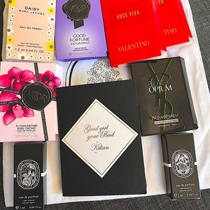 9 luxury fragrance samples- unopened plus diptyque bag with purchase